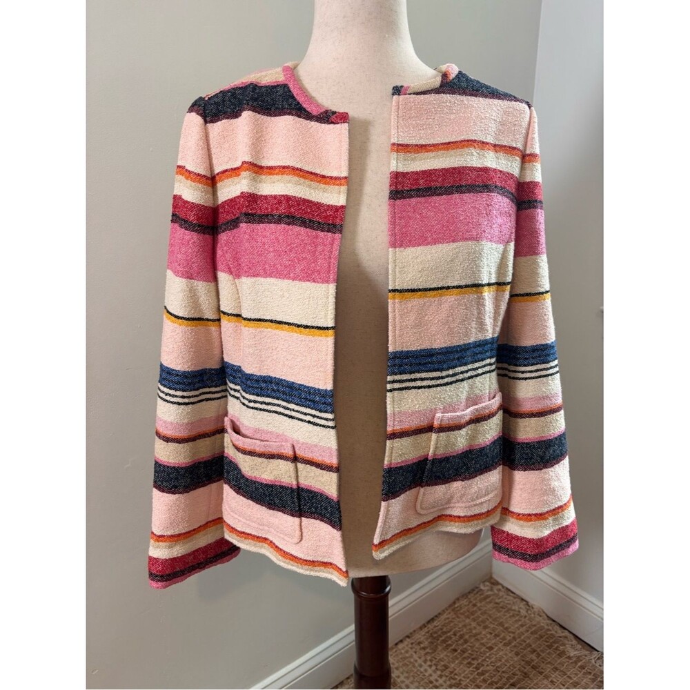 Kate Spade Textured Stripe Tweed Jacket Pink Blue Open Front Blazer Size 10